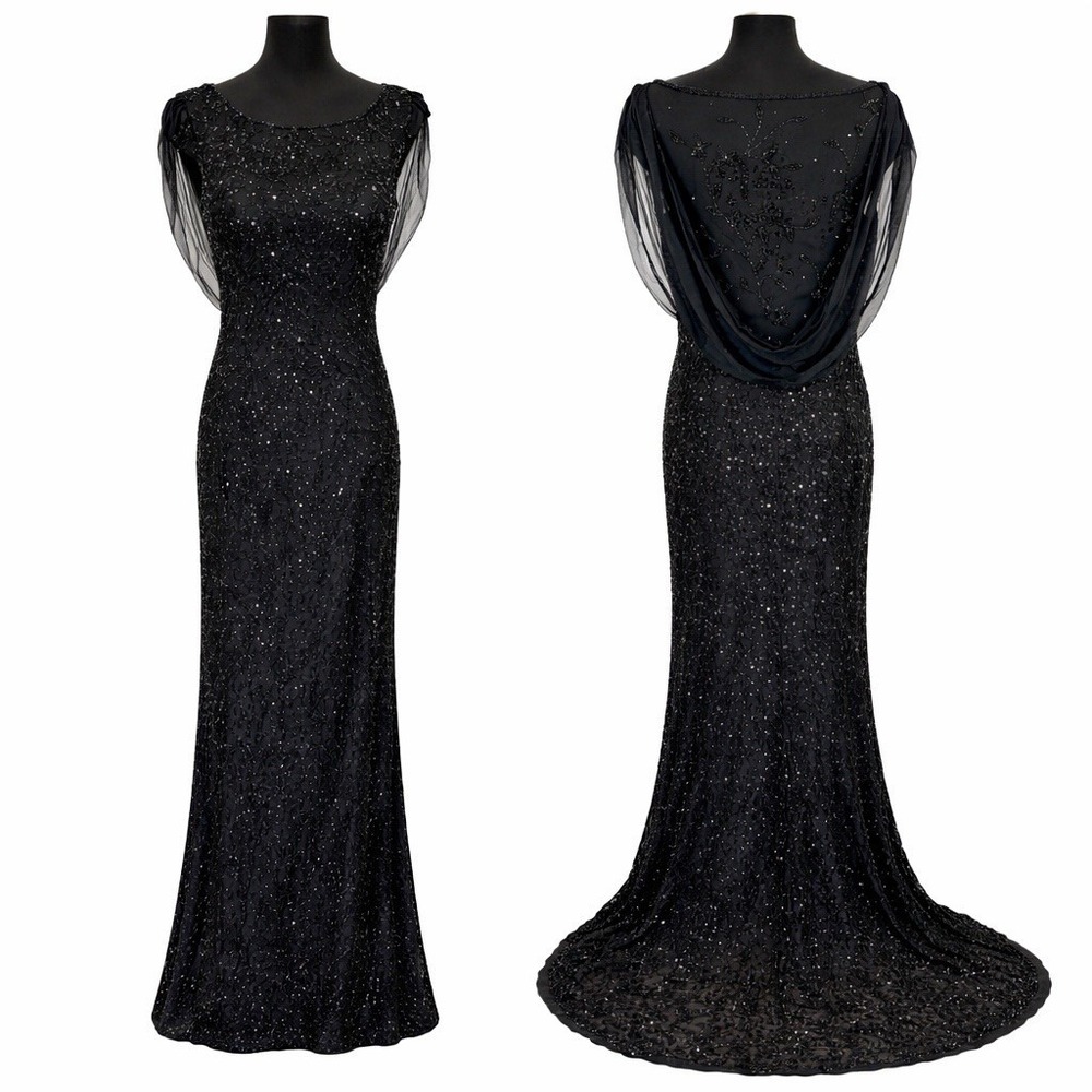 Vintage Jean De Lys Silk Beaded Gown Train Cowl Illusion Mermaid Sz 10 Formal